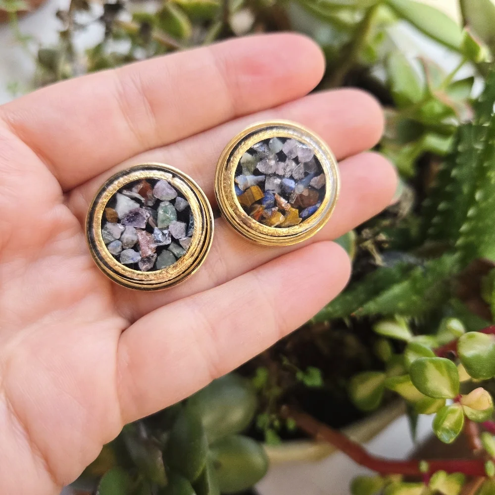 Vintage Swank Gold Mosaic Gemstone Chip Colorful Round Pair of Cuff Links